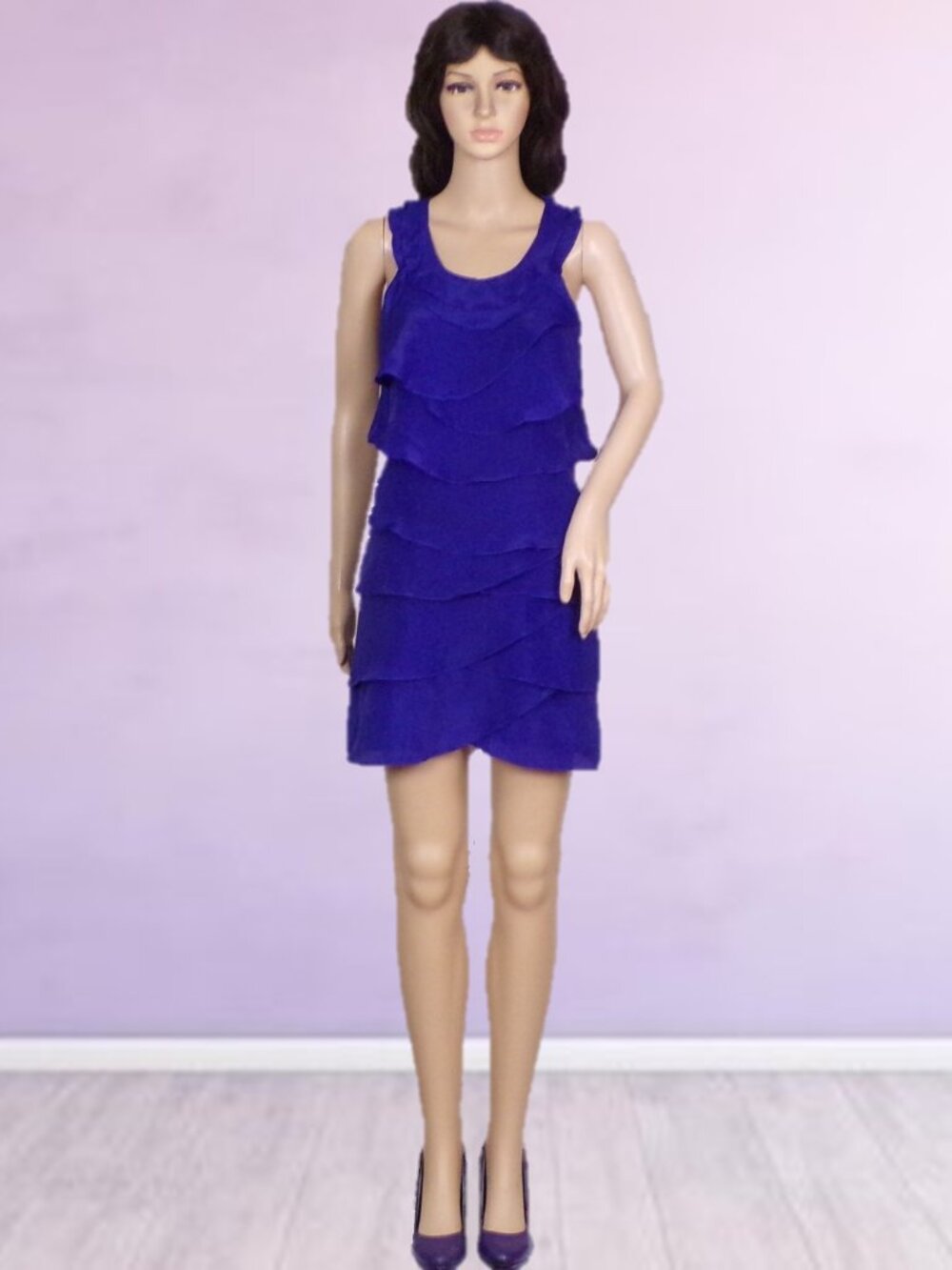 ARK & CO. size S violet satin sleeveless layered dress black lace back poly/cotn